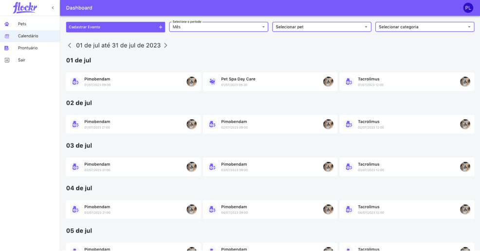 Tela do sistema para veterinários referente ao calendários de eventos dos pets.
