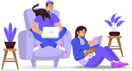 Ilustração exibindo família mexendo na internet com seus pets, cachorro e gato